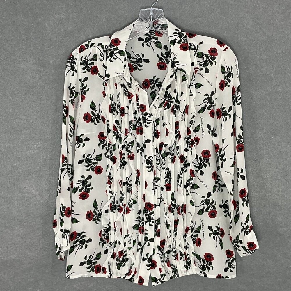 White Floral Tie-Front Blouse with Red Rose Print